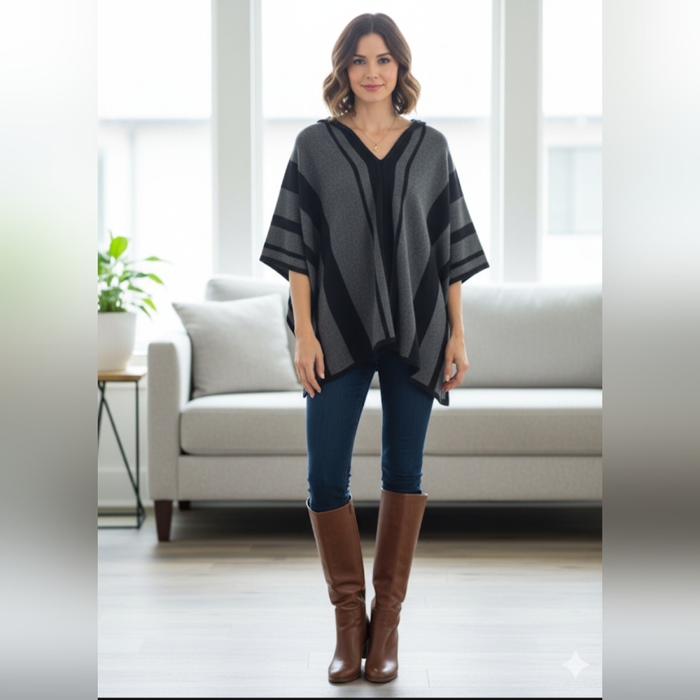 Tommy Bahama Cashmere Poncho Black And Grey Stripe - Picture 3 of 8